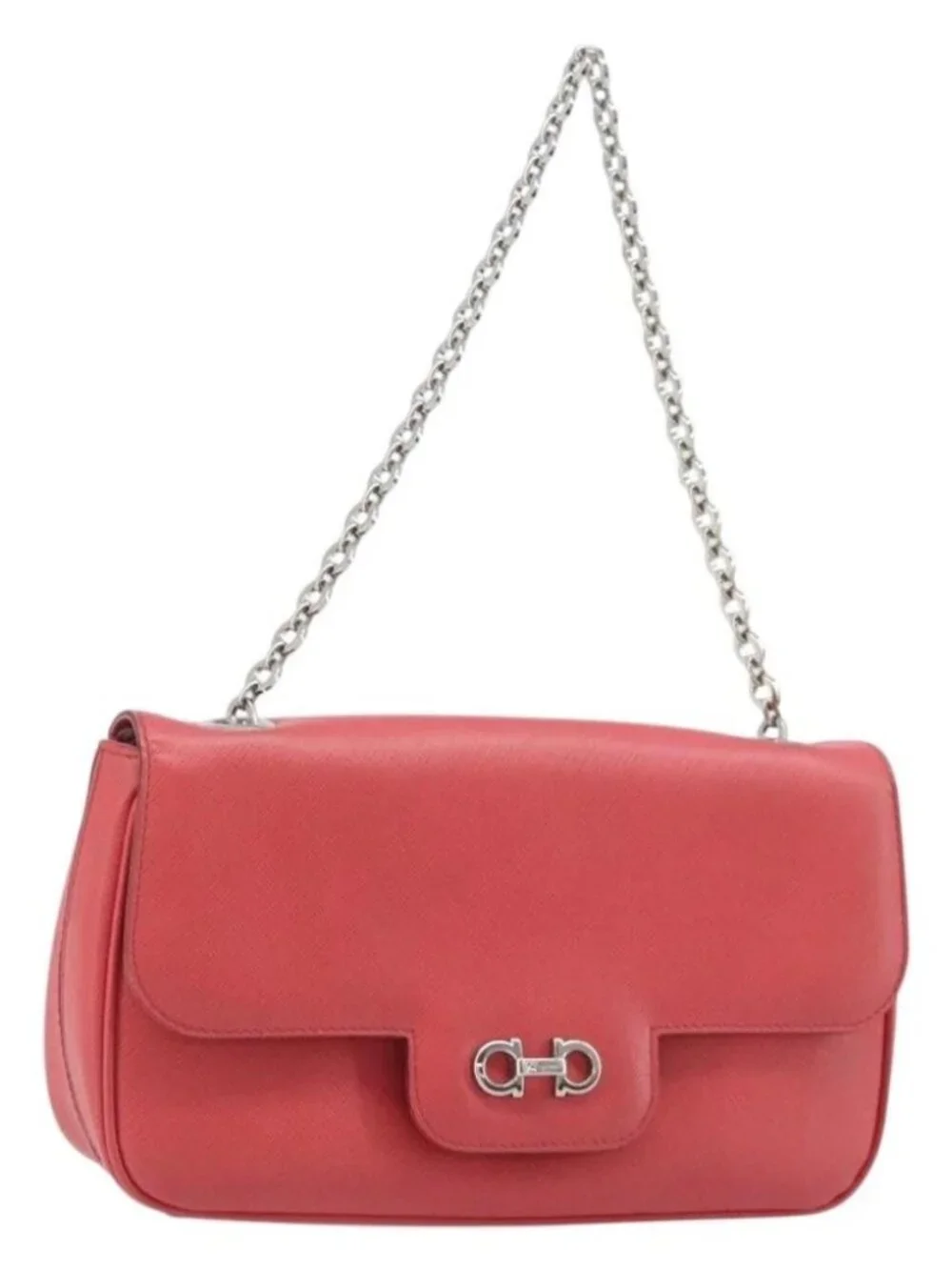 Salvatore Ferragamo Gancini Chain Shoulder Bag Leather Pink Silver Auth AMZ563A